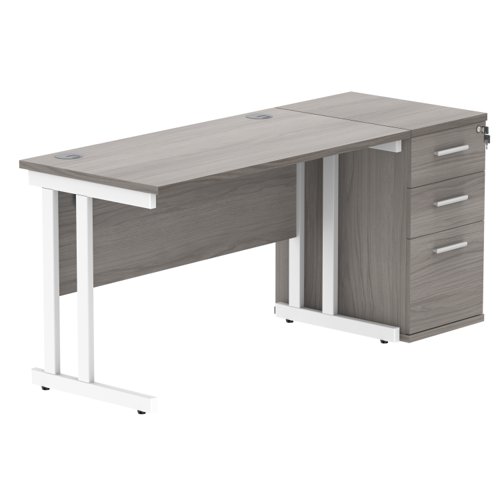 Double Upright Rectangular Desk + Desk High Pedestal 1200X600 Alaskan Grey Oak/White