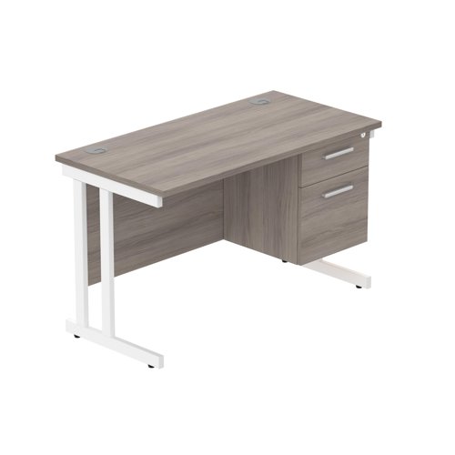 Office Rectangular Desk With Steel Double Upright Cantilever Legs + 2 Draw Fixed Pedestal   1200X600 Alaskan Grey Oak/White