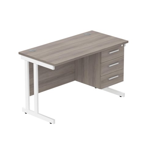 Office Rectangular Desk With Steel Double Upright Cantilever Legs + 3 Draw Fixed Pedestal   1200X600 Alaskan Grey Oak/White
