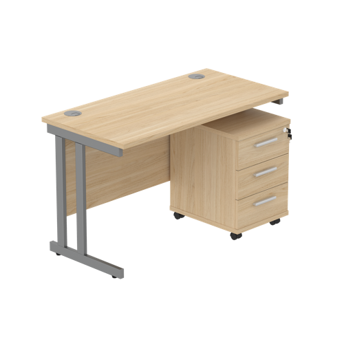 Double Upright Rectangular Desk + 3 Drawer Mobile Under Desk Pedestal  1200X600 Canadian Oak/Graphite