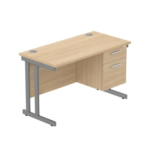 Office Rectangular Desk With Steel Double Upright Cantilever Legs + 2 Draw Fixed Pedestal   1200X600 Canadian Oak/Graphite