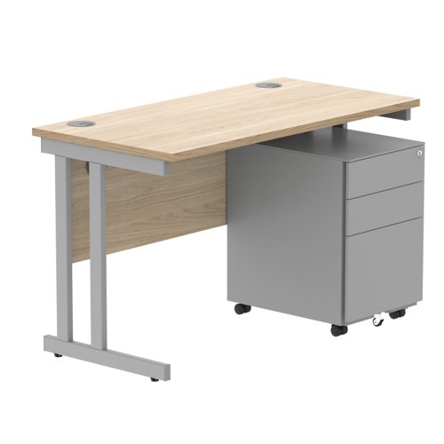 Double Upright Rectangular Desk + Under Desk Steel Pedestal 3 Drawers 1200X600 Canadian Oak/Silver