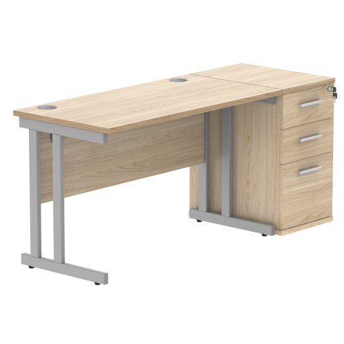 Double Upright Rectangular Desk + Desk High Pedestal 1200X600 Canadian Oak/Silver