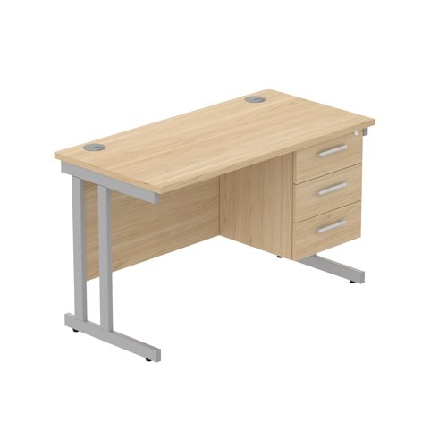 Office Rectangular Desk with Steel Double Upright Cantilever Legs + 3 Drawer Fixed Pedestal  1200X600 Canadian Oak/Silver