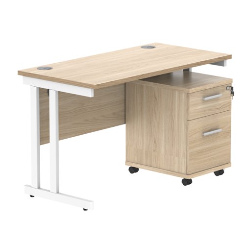 Double Upright Rectangular Desk + 2 Drawer Mobile Under Desk Pedestal 1200X600 Canadian Oak/White