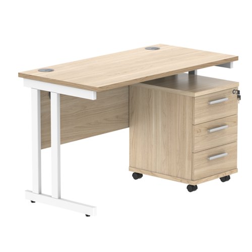 Double Upright Rectangular Desk + 3 Drawer Mobile Under Desk Pedestal 1200X600 Canadian Oak/White