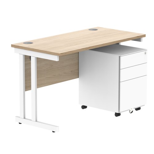 Double Upright Rectangular Desk + Under Desk Steel Pedestal 3 Drawers 1200X600 Canadian Oak/White