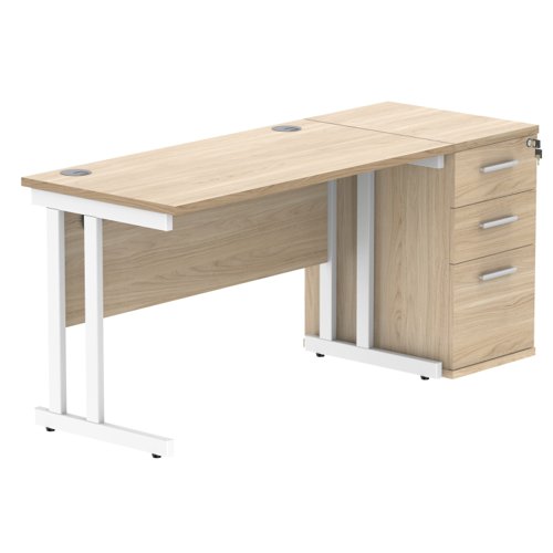Double Upright Rectangular Desk + Desk High Pedestal 1200X600 Canadian Oak/White