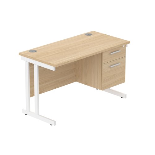 Office Rectangular Desk with Steel Double Upright Cantilever Legs + 2 Drawer Fixed Pedestal  1200X600 Canadian Oak/White