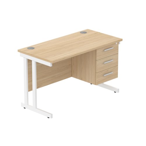 Office Rectangular Desk with Steel Double Upright Cantilever Legs + 3 Drawer Fixed Pedestal  1200X600 Canadian Oak/White