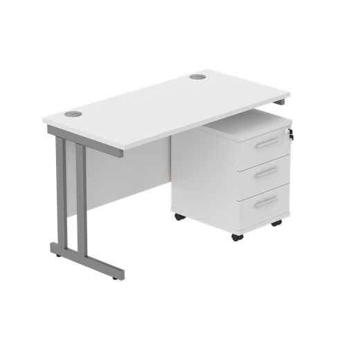Double Upright Rectangular Desk + 3 Drawer Mobile Under Desk Pedestal  1200X600 Arctic White/Graphite