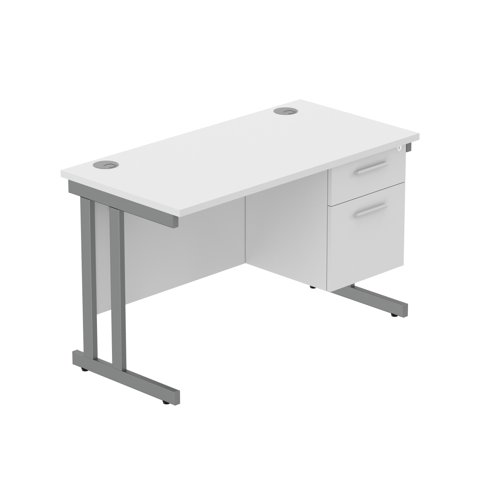 Office Rectangular Desk with Steel Double Upright Cantilever Legs + 2 Drawer Fixed Pedestal  1200X600 Arctic White/Graphite