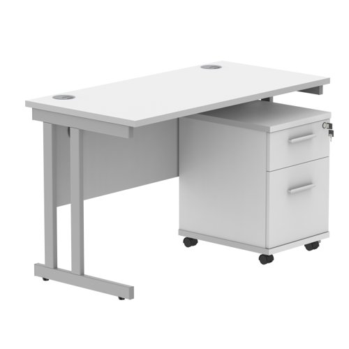 Double Upright Rectangular Desk + 2 Drawer Mobile Under Desk Pedestal 1200X600 Arctic White/Silver