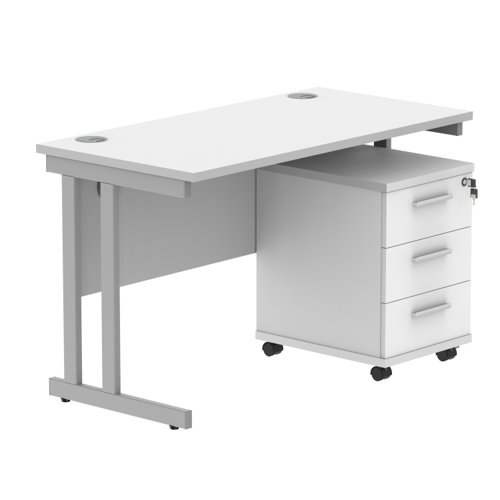 Double Upright Rectangular Desk + 3 Drawer Mobile Under Desk Pedestal 1200X600 Arctic White/Silver