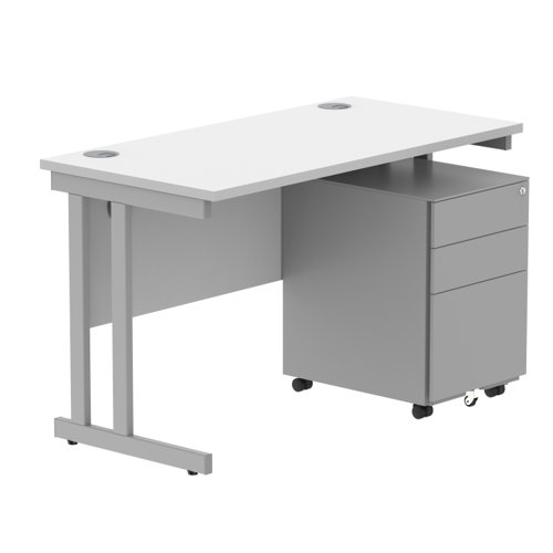 Double Upright Rectangular Desk + Under Desk Steel Pedestal 3 Drawers 1200X600 Arctic White/Silver