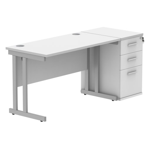 Double Upright Rectangular Desk + Desk High Pedestal 1200X600 Arctic White/Silver