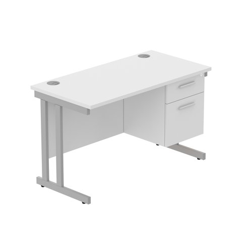 Office Rectangular Desk with Steel Double Upright Cantilever Legs + 2 Drawer Fixed Pedestal  1200X600 Arctic White/Silver