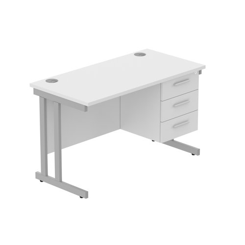 Office Rectangular Desk with Steel Double Upright Cantilever Legs + 3 Drawer Fixed Pedestal  1200X600 Arctic White/Silver