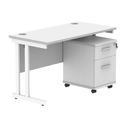 Double Upright Rectangular Desk + 2 Drawer Mobile Under Desk Pedestal 1200X600 Arctic White/White