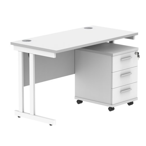 Double Upright Rectangular Desk + 3 Drawer Mobile Under Desk Pedestal 1200X600 Arctic White/White