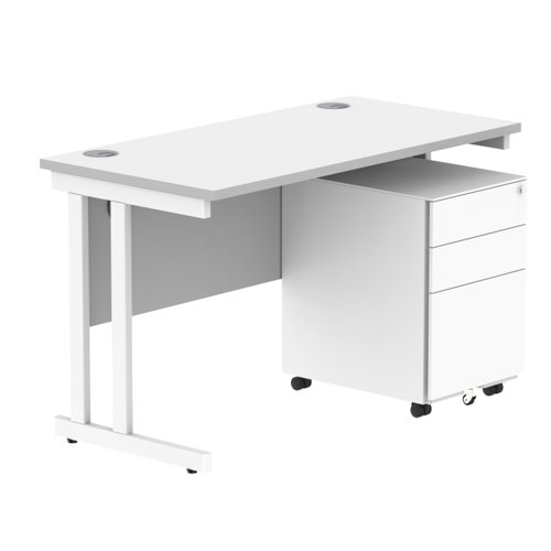 Double Upright Rectangular Desk + Under Desk Steel Pedestal 3 Drawers 1200X600 Arctic White/White