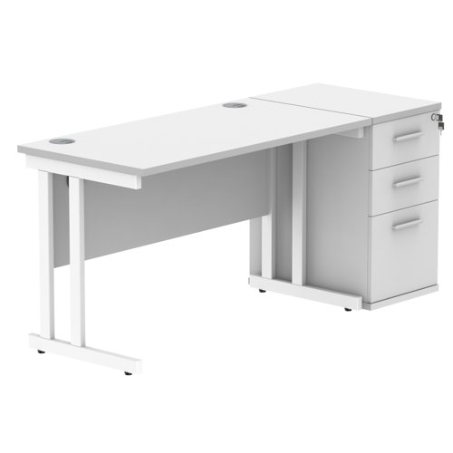 Double Upright Rectangular Desk + Desk High Pedestal 1200X600 Arctic White/White