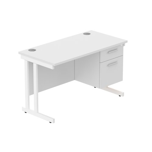 Office Rectangular Desk with Steel Double Upright Cantilever Legs + 2 Drawer Fixed Pedestal  1200X600 Arctic White/White