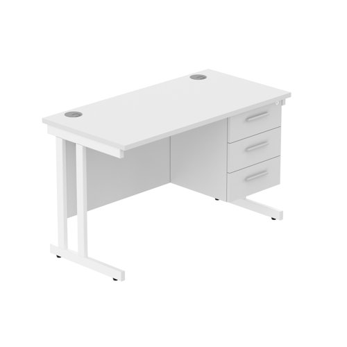 Office Rectangular Desk with Steel Double Upright Cantilever Legs + 3 Drawer Fixed Pedestal  1200X600 Arctic White/White