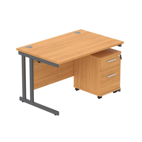 Double Upright Rectangular Desk + 2 Drawer Mobile Under Desk Pedestal (FSC) 1200X800 Norwegian Beech/Graphite