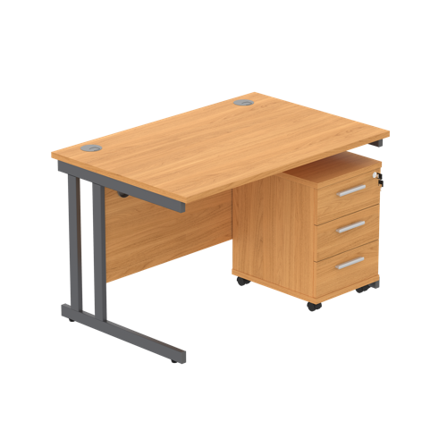 Double Upright Rectangular Desk + 3 Drawer Mobile Under Desk Pedestal  1200X800 Norwegian Beech/Graphite