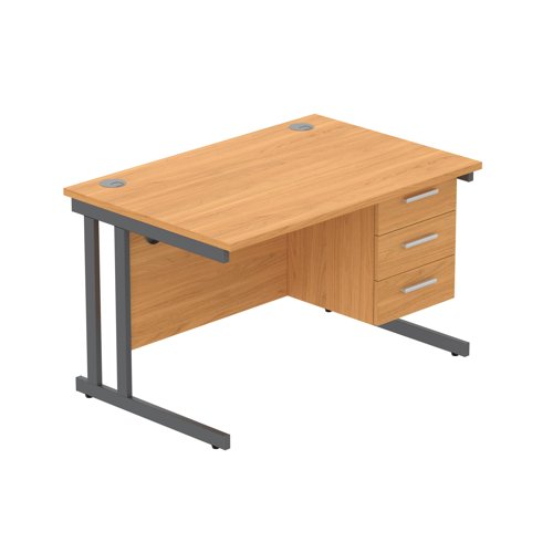 Office Rectangular Desk with Steel Double Upright Cantilever Legs + 3 Drawer Fixed Pedestal  1200X800 Norwegian Beech/Graphite