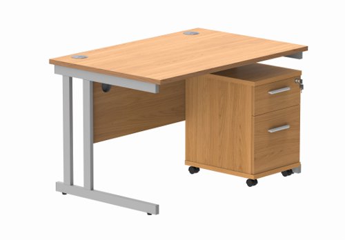 Double Upright Rectangular Desk + 2 Drawer Mobile Under Desk Pedestal 1200X800 Norwegian Beech/Silver