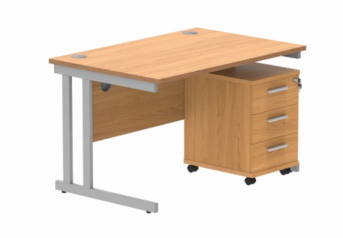 Double Upright Rectangular Desk + 3 Drawer Mobile Under Desk Pedestal 1200X800 Norwegian Beech/Silver