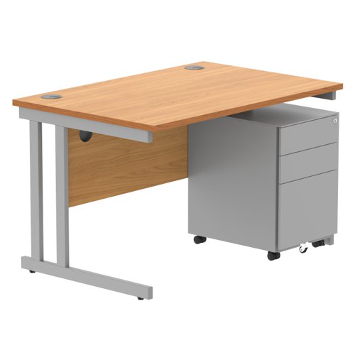 Double Upright Rectangular Desk + Under Desk Steel Pedestal 3 Drawers 1200X800 Norwegian Beech/Silver