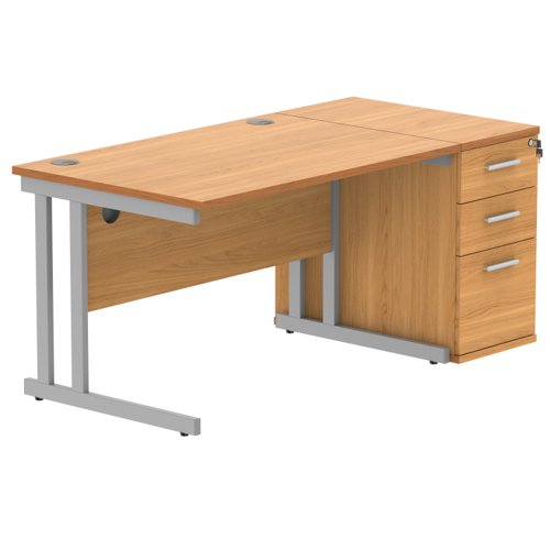 Double Upright Rectangular Desk + Desk High Pedestal 1200X800 Norwegian Beech/Silver
