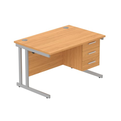 Office Rectangular Desk with Steel Double Upright Cantilever Legs + 3 Drawer Fixed Pedestal  1200X800 Norwegian Beech/Silver