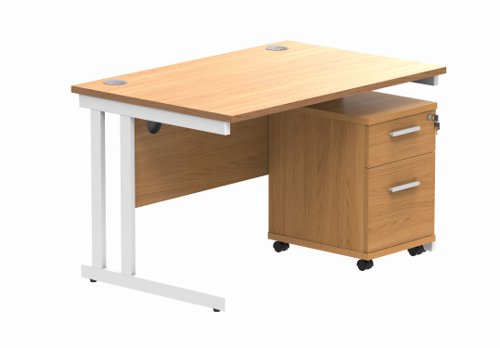 Double Upright Rectangular Desk + 2 Drawer Mobile Under Desk Pedestal 1200X800 Norwegian Beech/White