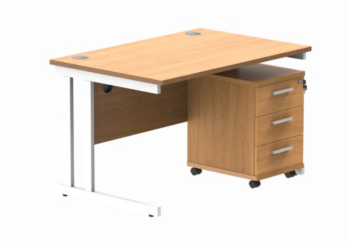 Double Upright Rectangular Desk + 3 Drawer Mobile Under Desk Pedestal 1200X800 Norwegian Beech/White