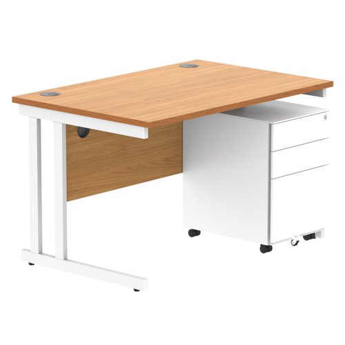Double Upright Rectangular Desk + Under Desk Steel Pedestal 3 Drawers 1200X800 Norwegian Beech/White