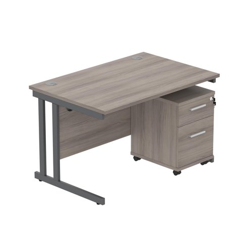 Double Upright Rectangular Desk + 2 Drawer Mobile Under Desk Pedestal  1200X800 Alaskan Grey Oak/Graphite