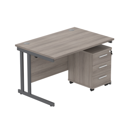 Double Upright Rectangular Desk + 3 Drawer Mobile Under Desk Pedestal  1200X800 Alaskan Grey Oak/Graphite