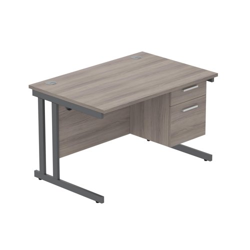 Office Rectangular Desk with Steel Double Upright Cantilever Legs + 2 Drawer Fixed Pedestal (FSC) 1200X800 Alaskan Grey Oak/Graphite