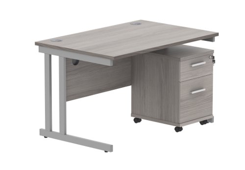 Double Upright Rectangular Desk + 2 Drawer Mobile Under Desk Pedestal 1200X800 Alaskan Grey Oak/Silver