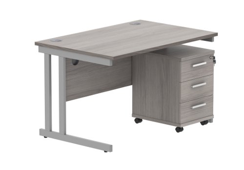 Double Upright Rectangular Desk + 3 Drawer Mobile Under Desk Pedestal 1200X800 Alaskan Grey Oak/Silver