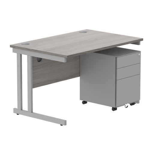 Double Upright Rectangular Desk + Under Desk Steel Pedestal 3 Drawers 1200X800 Alaskan Grey Oak/Silver