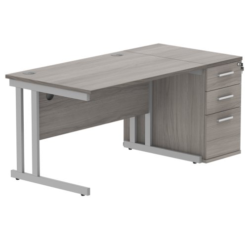 Double Upright Rectangular Desk + Desk High Pedestal 1200X800 Alaskan Grey Oak/Silver