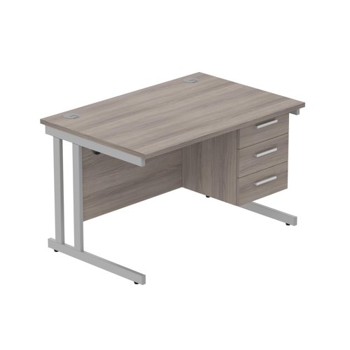 Office Rectangular Desk with Steel Double Upright Cantilever Legs + 3 Drawer Fixed Pedestal  1200X800 Alaskan Grey Oak/Silver