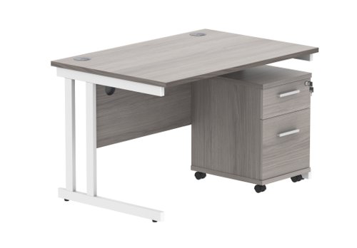 Double Upright Rectangular Desk + 2 Drawer Mobile Under Desk Pedestal 1200X800 Alaskan Grey Oak/White