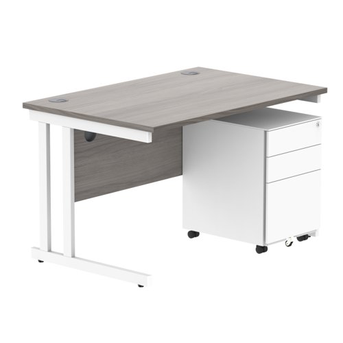 Double Upright Rectangular Desk + Under Desk Steel Pedestal 3 Drawers 1200X800 Alaskan Grey Oak/White