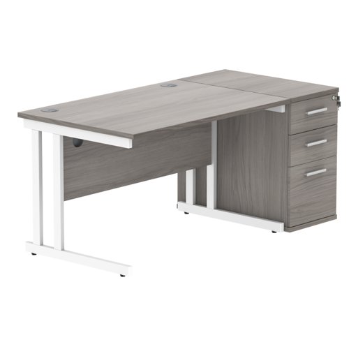 Double Upright Rectangular Desk + Desk High Pedestal 1200X800 Alaskan Grey Oak/White